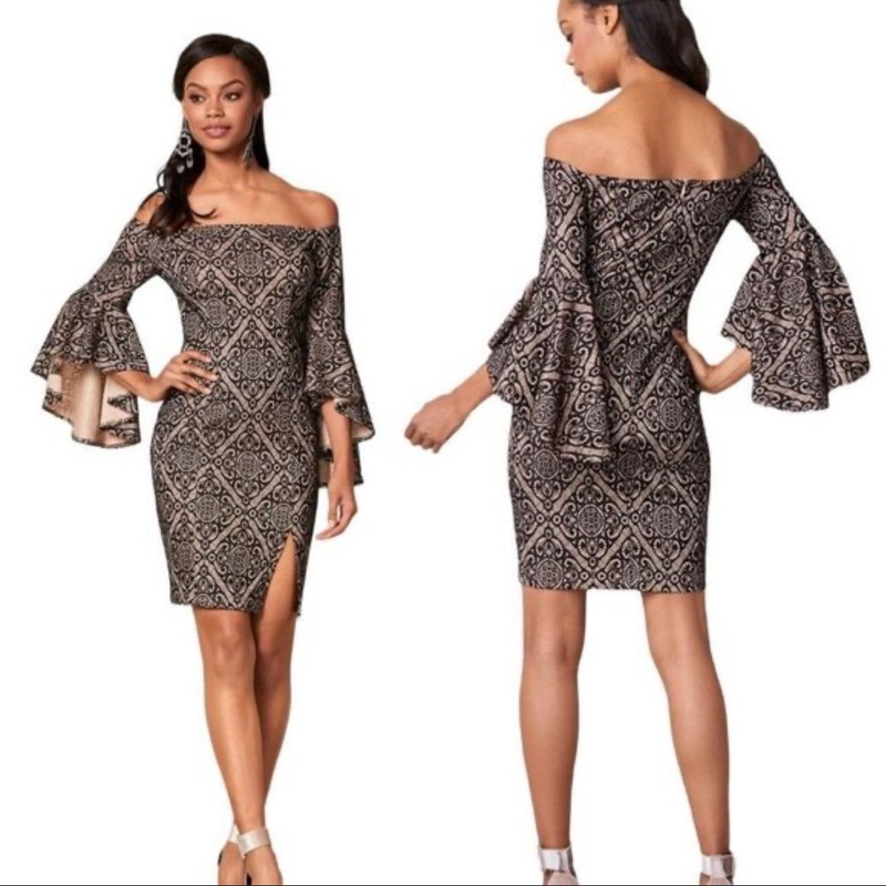 VENUS Black and Cream Patterned Off-Shoulder Dress